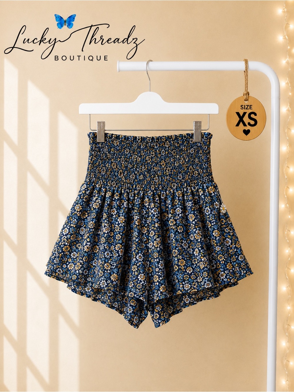 Natural Life Floral Smocked Skort Shorts Blue Yellow XS Daisy Charm